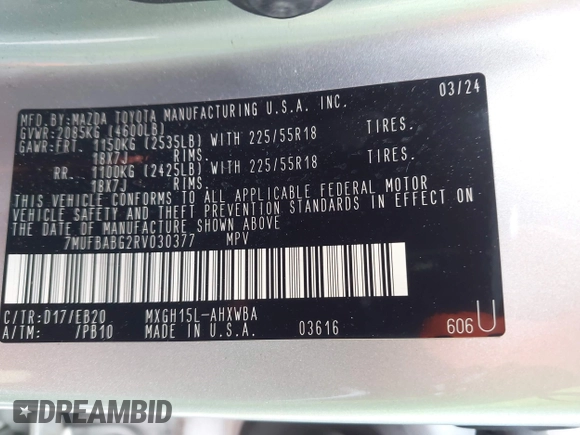 2024 Toyota Corolla Cross Hybrid S with VIN 7MUFBABG2RV030377, listed as a IAAI auction lot 42103979 with 15,660 mi miles and . Bid and sale history available at DreamBid. Image 9.