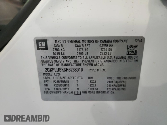 2017 GMC Terrain SLT z VIN 2GKFLUEK3H6268910, wystawiony jako Copart lot #52086525 z przebiegiem 105 030 mil mil oraz Szkoda całkowita • Salvage title. Historia ofert i sprzedaży dostępna na DreamBid. Obrazek 13.