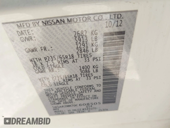 2013 Nissan Pathfinder SL with VIN 5N1AR2MM7DC608505, listed as a IAAI auction lot 42406312 with 188,113 mi miles and . Bid and sale history available at DreamBid. Image 9.