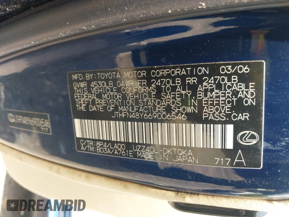 2006 Lexus SC 430 z VIN JTHFN48Y669006546, wystawiony jako IAAI lot #42119904 z przebiegiem 93 250 mil mil oraz . Historia ofert i sprzedaży dostępna na DreamBid. Obrazek 9.