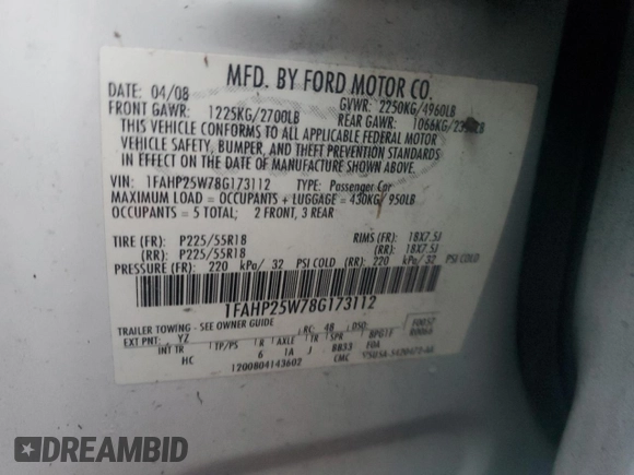 2008 Ford Taurus Limited with VIN 1FAHP25W78G173112, listed as a Copart auction lot 74855154 with 0 mi miles and Salvage Title. Bid and sale history available at carsss.com. Image 13.