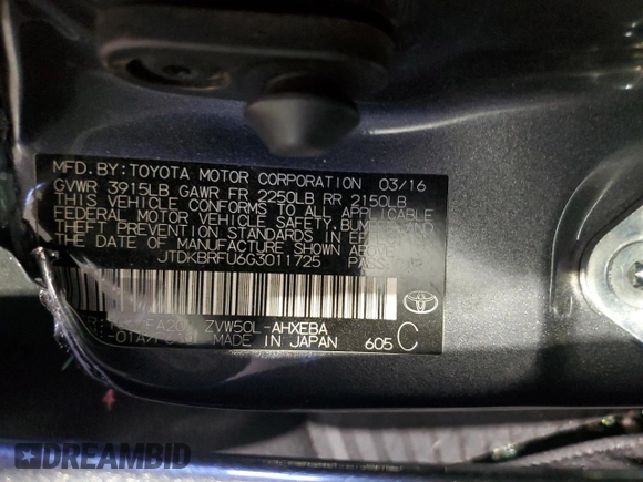 2016 Toyota Prius Two with VIN JTDKBRFU6G3011725, listed as a Copart auction lot 51487685 with Not Provided miles and Salvage Title. Bid and sale history available at DreamBid. Image 12.