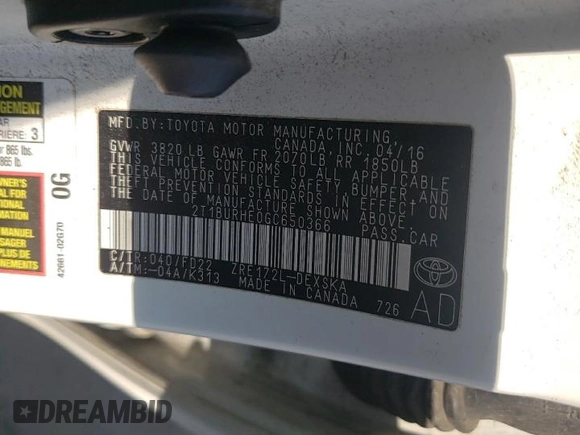 2016 Toyota Corolla L with VIN 2T1BURHE0GC650366, listed as a Copart auction lot 60298505 with 214,381 mi miles and Salvage title. Bid and sale history available at DreamBid. Image 12.