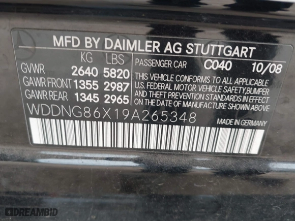 2009 Mercedes-Benz S-Class 5.5L V8 with VIN WDDNG86X19A265348, listed as a IAAI auction lot 41363842 with 126,587 mi miles. Bid and sale history available at carsss.com. Image 9.