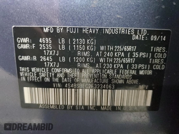 2015 Subaru Outback Premium with VIN 4S4BSBEC2F3234063, listed as a Copart auction lot 65831755 with 149,426 mi miles and Clean title. Bid and sale history available at DreamBid. Image 13.