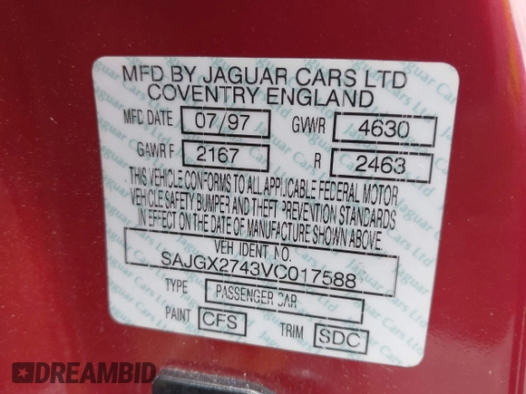 1997 Jaguar XK with VIN SAJGX2743VC017588, listed as a IAAI auction lot 42055716 with 66,052 mi miles and . Bid and sale history available at DreamBid. Image 9.