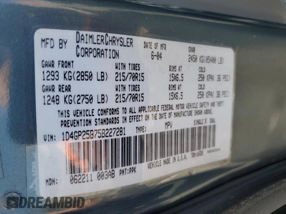 2005 Dodge Caravan SE with VIN 1D4GP25B75B227281, listed as a Copart auction lot 54076975 with 166,419 mi miles and Salvage title. Bid and sale history available at DreamBid. Image 12.