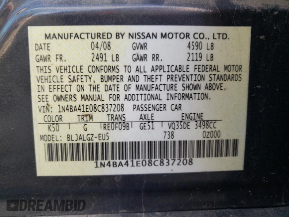 2008 Nissan Maxima 3.5 SE with VIN 1N4BA41E08C837208, listed as a Copart auction lot 76743314 with 120,668 mi miles and Clean Title. Bid and sale history available at carsss.com. Image 12.