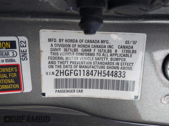 2007 Honda Civic Cpe EX with VIN 2HGFG11847H544833, listed as a IAAI auction lot 42002703 with 191,383 mi miles. Bid and sale history available at carsss.com. Image 9.