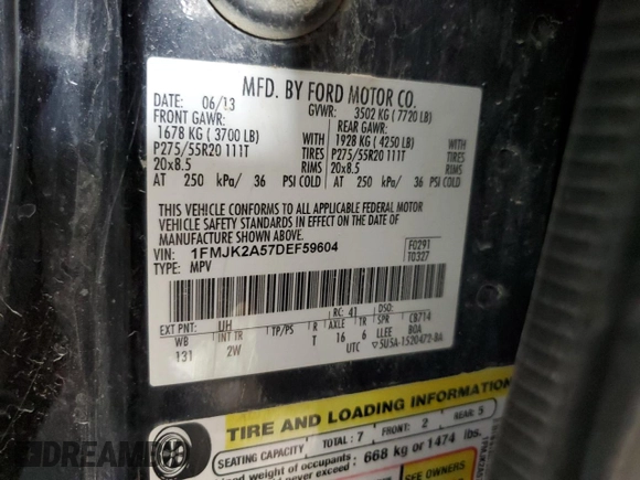 2013 Ford Expedition Max Limited z VIN 1FMJK2A57DEF59604, wystawiony jako Copart lot #56488355 z przebiegiem 216 768 mil mil oraz Szkoda całkowita • Salvage title. Historia ofert i sprzedaży dostępna na DreamBid. Obrazek 13.