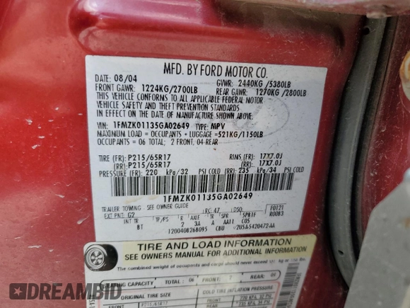 2005 Ford Freestyle SE with VIN 1FMZK01135GA02649, listed as a Copart auction lot 61283605 with 218,219 mi miles and Salvage title. Bid and sale history available at DreamBid. Image 13.
