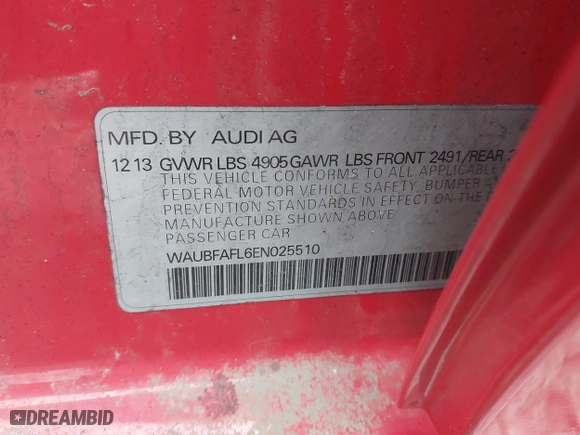 2014 Audi A4 Premium with VIN WAUBFAFL6EN025510, listed as a IAAI auction lot 41695920 with 102,033 mi miles. Bid and sale history available at carsss.com. Image 9.