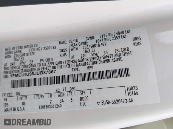 2018 Ford Escape Titanium with VIN 1FMCU9J98JUB87867, listed as a IAAI auction lot 42300123 with 48,357 mi miles and . Bid and sale history available at DreamBid. Image 9.