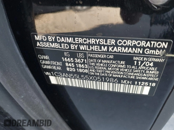 2005 Chrysler Crossfire with VIN 1C3AN55L55X051986, listed as a IAAI auction lot 41288735 with 97,853 mi miles and . Bid and sale history available at DreamBid. Image 9.