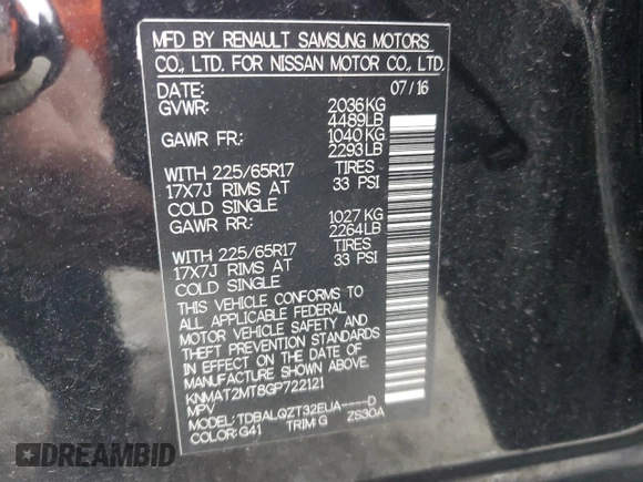2016 Nissan Rogue SV with VIN KNMAT2MT8GP722121, listed as a Copart auction lot 44769245 with 66,745 mi miles and Salvage Title. Bid and sale history available at carsss.com. Image 14.