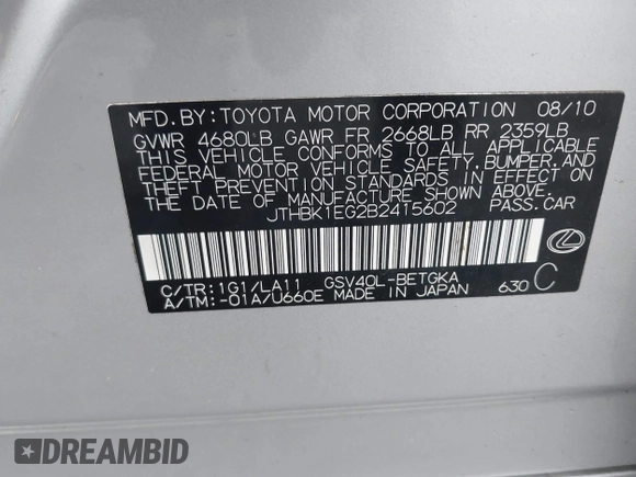 2011 Lexus ES with VIN JTHBK1EG2B2415602, listed as a IAAI auction lot 41951354 with 144,764 mi miles. Bid and sale history available at carsss.com. Image 9.
