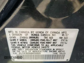 2008 Honda Ridgeline RTL with VIN 2HJYK16568H518851, listed as a Copart auction lot 54965975 with 141,496 mi miles and Clean Title. Bid and sale history available at carsss.com. Image 12.