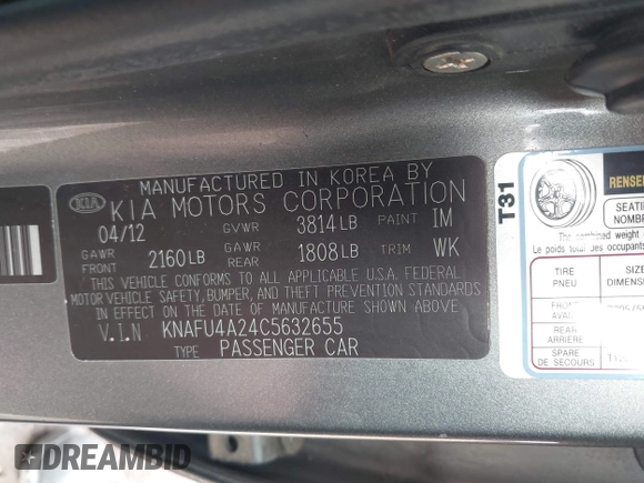 2012 Kia Forte EX with VIN KNAFU4A24C5632655, listed as a IAAI auction lot 41932379 with 146,273 mi miles. Bid and sale history available at carsss.com. Image 9.