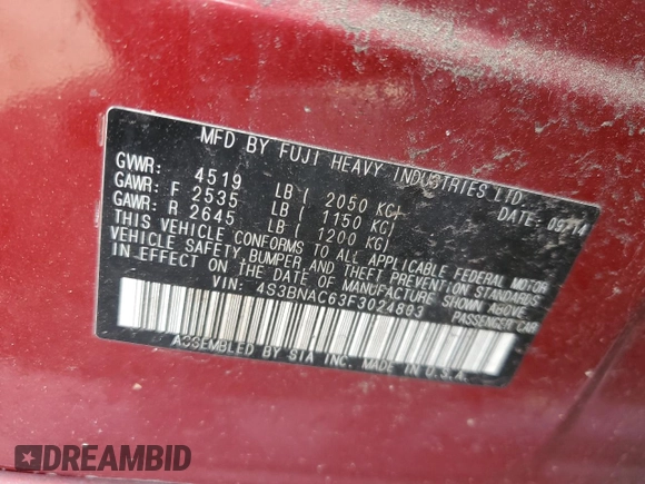 2015 Subaru Legacy 2.5i Premium with VIN 4S3BNAC63F3024803, listed as a Copart auction lot 57750233 with 101,289 mi miles. Bid and sale history available at carsss.com. Image 12.