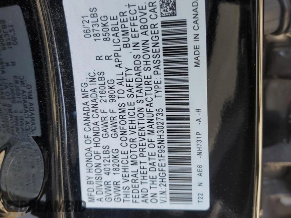 2022 Honda Civic Sedan Touring with VIN 2HGFE1F95NH302735, listed as a Copart auction lot 79278734 with 62,532 mi miles and Salvage Title. Bid and sale history available at carsss.com. Image 14.