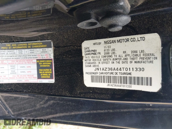 2004 Nissan 350Z Touring with VIN JN1AZ36A44T011330, listed as a IAAI auction lot 41925648 with 139,353 mi miles. Bid and sale history available at carsss.com. Image 9.