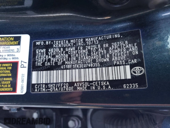 2014 Toyota Camry L with VIN 4T1BF1FK3EU748355, listed as a Copart auction lot 48713405 with 199,091 mi miles and Salvage Title. Bid and sale history available at carsss.com. Image 12.