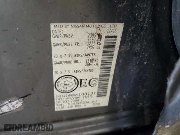 2016 Nissan Murano Platinum with VIN 5N1AZ2MH0GN100131, listed as a Copart auction lot 63145664 with 245,166 mi miles and Non repairable. Bid and sale history available at DreamBid. Image 12.