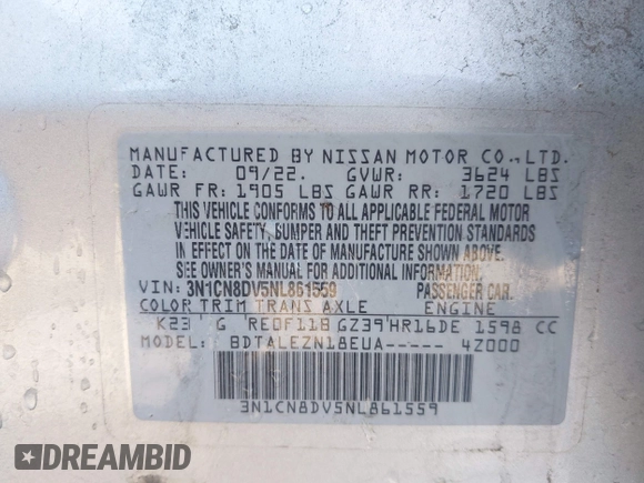 2022 Nissan Versa S with VIN 3N1CN8DV5NL861559, listed as a IAAI auction lot 41940000 with 65,065 mi miles and . Bid and sale history available at DreamBid. Image 9.