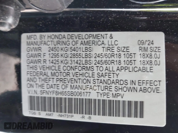 2025 Honda Passport TrailSport с VIN 5FNYF8H65SB006177, выставлен на аукционе IAAI как лот 42273695 с пробегом 1 989 миль миль и . История ставок и продаж доступна на DreamBid. Изображение 9.