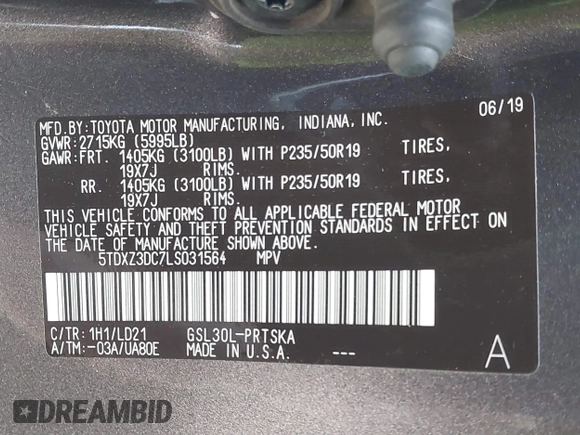 2020 Toyota Sienna SE with VIN 5TDXZ3DC7LS031564, listed as a IAAI auction lot 41710500 with 38,559 mi miles. Bid and sale history available at carsss.com. Image 9.