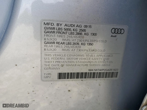 2016 Audi Q5 Prestige with VIN WA1W7AFP2GA051823, listed as a Copart auction lot 58473414 with 88,002 mi miles and Salvage Title. Bid and sale history available at carsss.com. Image 14.