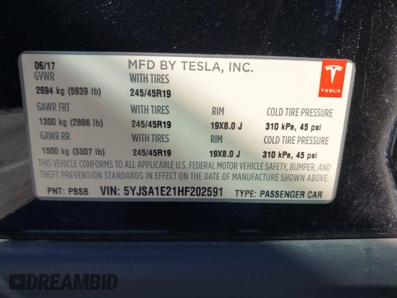 2017 Tesla Model S 100D with VIN 5YJSA1E21HF202591, listed as a IAAI auction lot 41983073 with 140,282 mi miles and . Bid and sale history available at DreamBid. Image 9.