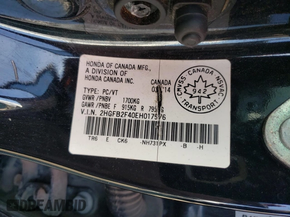 2014 Honda Civic z VIN 2HGFB2F40EH017976, wystawiony jako Copart lot #51617995 z przebiegiem 232 582 mil mil oraz Czysty tytuł • Clean title. Historia ofert i sprzedaży dostępna na DreamBid. Obrazek 12.