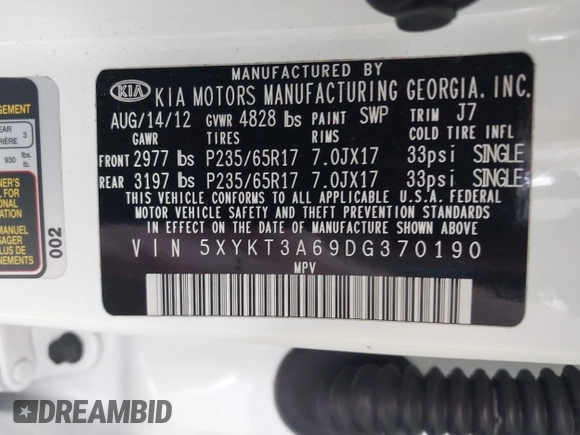 2013 Kia Sorento LX with VIN 5XYKT3A69DG370190, listed as a IAAI auction lot 42456161 with 170,196 mi miles and . Bid and sale history available at DreamBid. Image 9.