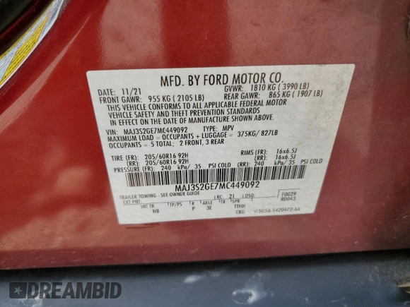 2021 Ford EcoSport SE with VIN MAJ3S2GE7MC449092, listed as a Copart auction lot 62595175 with 92,760 mi miles and Salvage title. Bid and sale history available at DreamBid. Image 14.