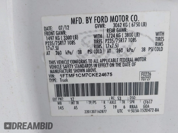 2012 Ford F-150 XL with VIN 1FTMF1CM7CKE24675, listed as a IAAI auction lot 41884476 with 127,455 mi miles. Bid and sale history available at carsss.com. Image 9.