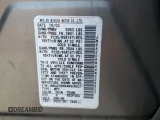 2004 Nissan Murano SE z VIN JN8AZ08WX4W306827, wystawiony jako Copart lot #54334035 z przebiegiem Nie podano mil oraz Szkoda całkowita • Salvage title. Historia ofert i sprzedaży dostępna na DreamBid. Obrazek 13.