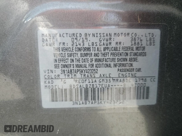 2019 Nissan Sentra S z VIN 3N1AB7AP5KY423252, wystawiony jako Copart lot #54676075 z przebiegiem 54 812 mil mil oraz Szkoda całkowita • Salvage title. Historia ofert i sprzedaży dostępna na DreamBid. Obrazek 13.