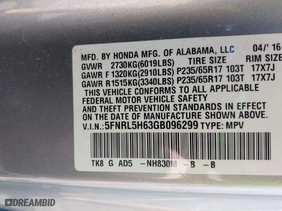 2016 Honda Odyssey EX-L with VIN 5FNRL5H63GB096299, listed as a IAAI auction lot 39250532 with NaN miles. Bid and sale history available at carsss.com. Image 9.
