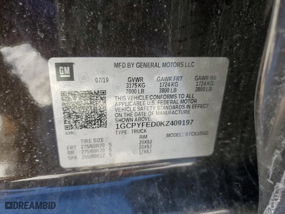 2019 Chevrolet Silverado 1500 LT Trail Boss with VIN 1GCPYFED0KZ409197, listed as a Copart auction lot 45756795 with 82,038 mi miles and Salvage Title. Bid and sale history available at carsss.com. Image 12.