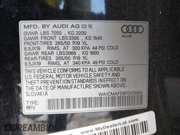 2015 Audi Q7 3.0L TDI Premium with VIN WA1CMAFE6FD019951, listed as a IAAI auction lot 41590509 with 125,000 mi miles. Bid and sale history available at carsss.com. Image 9.