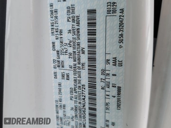 2022 Ford Escape SE z VIN 1FMCU0G62NUA27725, wystawiony jako Copart lot #54565745 z przebiegiem 116 660 mil mil oraz Szkoda całkowita • Salvage title. Historia ofert i sprzedaży dostępna na DreamBid. Obrazek 14.