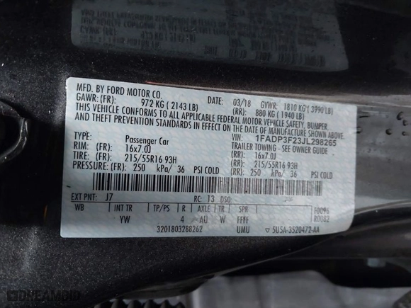 2018 Ford Focus SE with VIN 1FADP3F23JL298265, listed as a IAAI auction lot 42005754 with 134,721 mi miles. Bid and sale history available at carsss.com. Image 9.