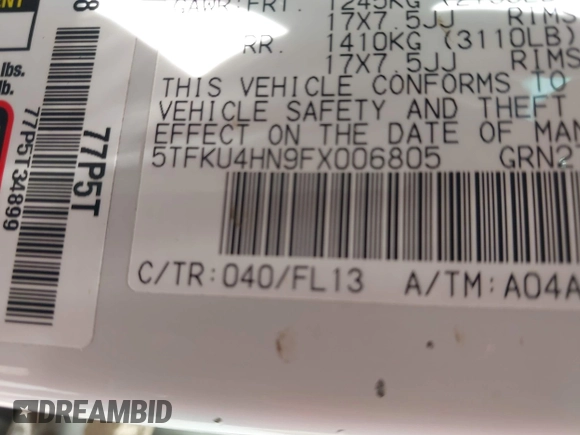 2015 Toyota Tacoma PreRunner with VIN 5TFKU4HN9FX006805, listed as a IAAI auction lot 42283766 with 132,367 mi miles and . Bid and sale history available at DreamBid. Image 9.