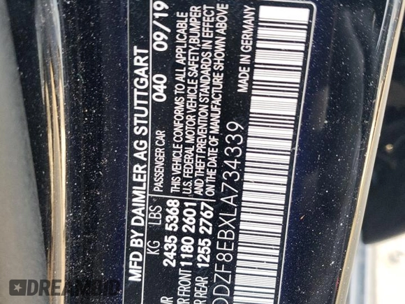 2020 Mercedes-Benz E 350 with VIN WDDZF8EBXLA734339, listed as a Copart auction lot 53854785 with 69,534 mi miles and Salvage Title. Bid and sale history available at DreamBid. Image 12.