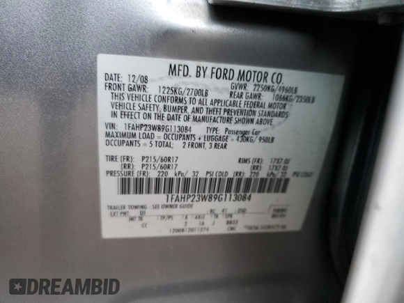 2009 Ford Taurus SE with VIN 1FAHP23W89G113084, listed as a Copart auction lot 80855724 with Not Provided miles and Salvage Title. Bid and sale history available at carsss.com. Image 13.