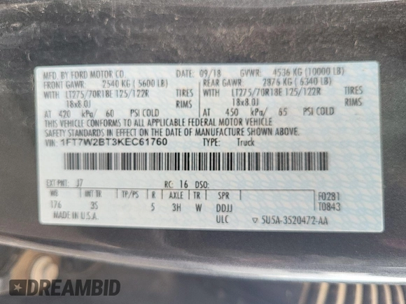 2019 Ford F-250 XL with VIN 1FT7W2BT3KEC61760, listed as a IAAI auction lot 42716762 with 110,167 mi miles and . Bid and sale history available at DreamBid. Image 21.