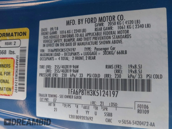 2019 Ford Mustang EcoBoost with VIN 1FA6P8TH3K5124197, listed as a IAAI auction lot 42579034 with 57,965 mi miles and . Bid and sale history available at DreamBid. Image 9.