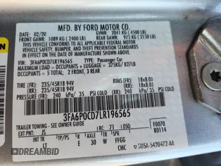 2020 Ford Fusion SEL with VIN 3FA6P0CD7LR196565, listed as a Copart auction lot 63267545 with 82,606 mi miles and Salvage title. Bid and sale history available at DreamBid. Image 13.