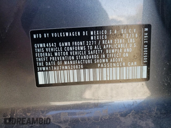 2017 Volkswagen Golf S z VIN 3VWH17AU7HM520826, wystawiony jako Copart lot #52184895 z przebiegiem 77 849 mil mil oraz Szkoda całkowita • Salvage title. Historia ofert i sprzedaży dostępna na DreamBid. Obrazek 12.